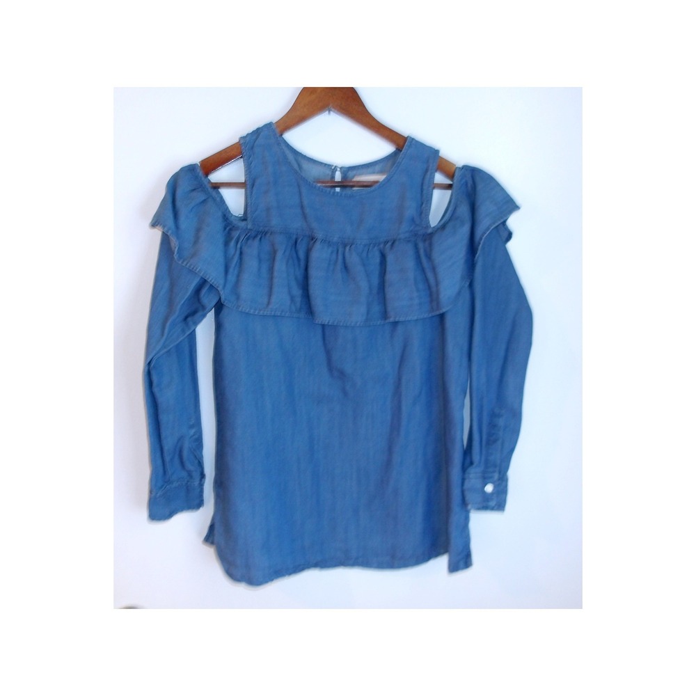 The Loft Cold Shoulder Ruffle Top Long Sleeve Chambray‎ Blouse Shirt Sz S /#5283